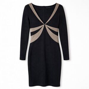 BCBGMAXAZRIA Elegant Black Bodycon Dress V-Neck Long Sleeve Size S